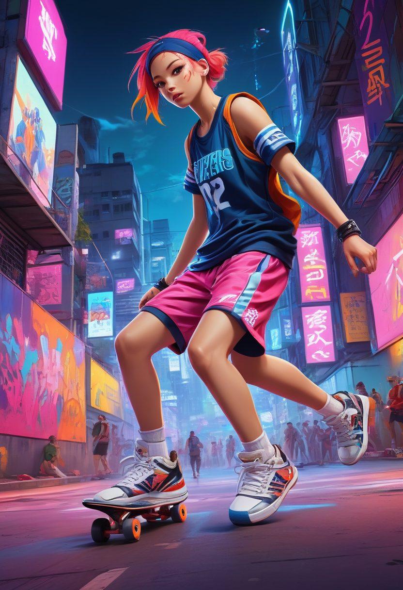 A dynamic scene showcasing a vibrant blend of adult anime characters engaged in various sports activities, like skateboarding and basketball, set against a lively urban backdrop. Include elements of excitement, such as exaggerated action poses and colorful, flashy sports gear. Incorporate anime-style expressions emphasizing determination and fun. Bright neon colors and a sense of motion should permeate the image. cyberpunk. vibrant colors. dynamic composition.
