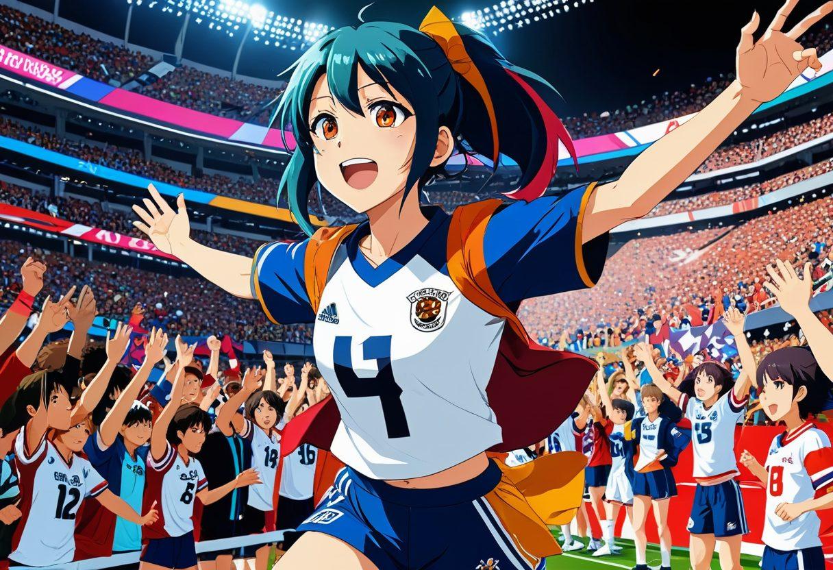 An anime-style football stadium filled with vibrant colors, featuring adult characters passionately cheering while adorned in edgy fashion. In the foreground, a female character wears a sporty outfit with anime-style embellishments, holding a football, while subtly showcasing mature themes. The background features a lively crowd and colorful banners, blending adult themes with sports culture. vector art. vibrant colors. dynamic perspective.